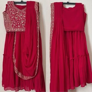 NEW Rani Pink & Gold Accent Pleated Ready Made Ruffle Designer Saree/Lehenga